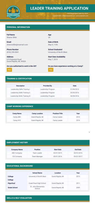 Leader Training Application Template for Summer Camp - PDF Templates