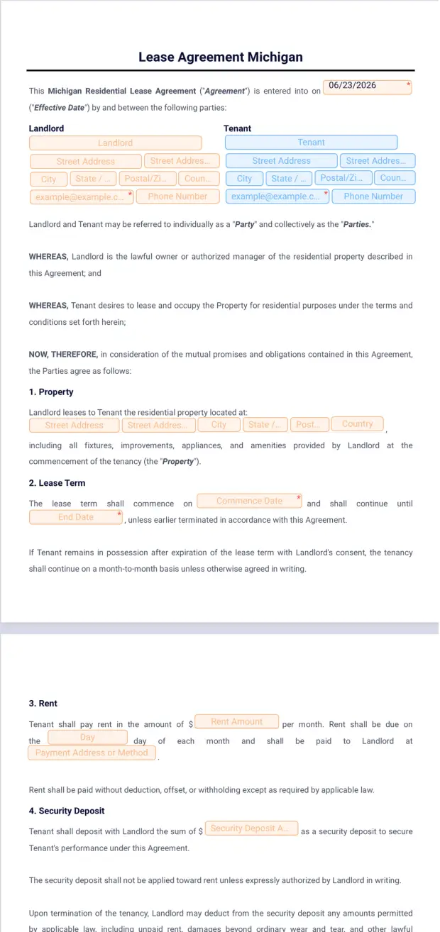 Lease Agreement Template Michigan
