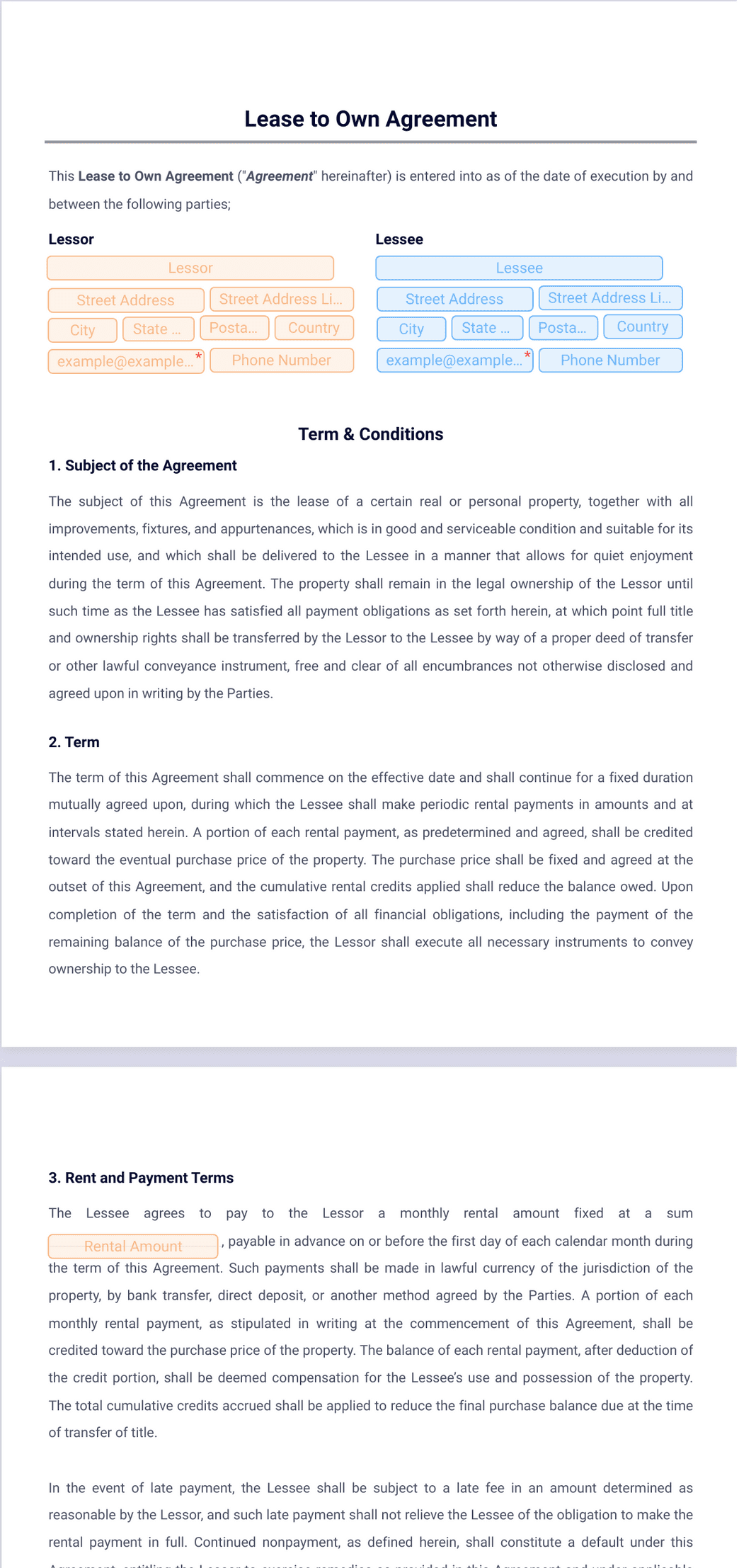Lease to Own Agreement Template - PDF Templates | Jotform