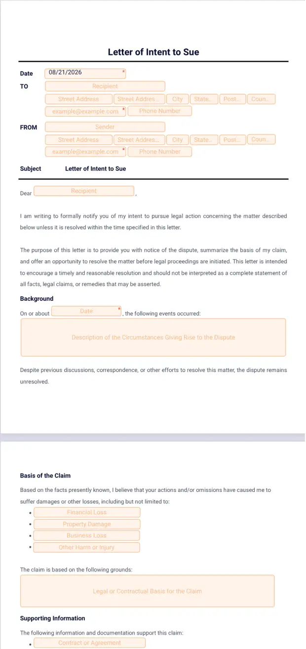 Letter of Intent to Sue Template - PDF Templates | Jotform