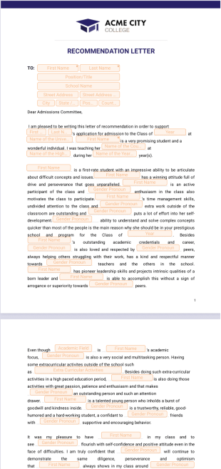 Letter of Recommendation for College PDF Template