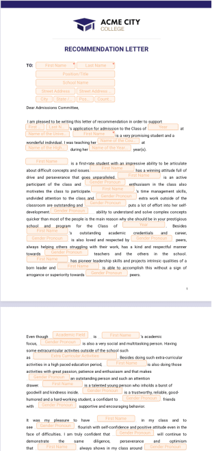 Letter of Recommendation for College PDF Template