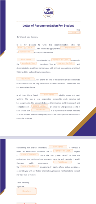 Letter of Recommendation for Student PDF Template