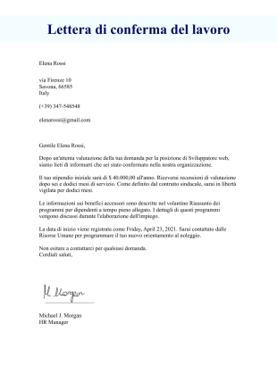 Lettera di conferma del lavoro Template PDF