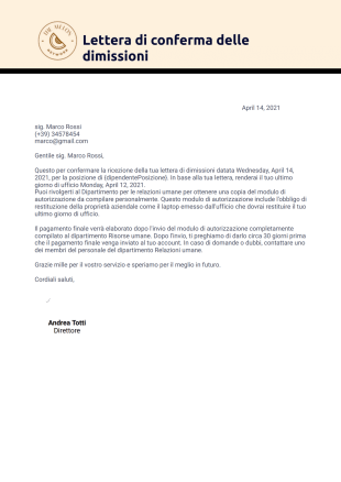 Lettera di conferma delle dimissioni Template PDF