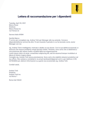 Lettera di raccomandazione per i dipendenti Template PDF