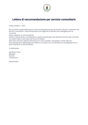 Lettera di raccomandazione per servizio comunitario - PDF Templates