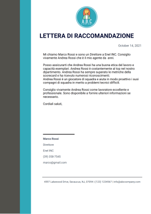 Lettera di raccomandazione professionale Template PDF