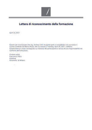 Lettera di riconoscimento della formazione Template PDF