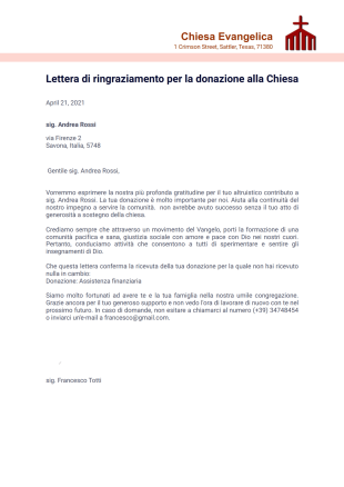 Lettera di ringraziamento per la donazione alla Chiesa Template PDF
