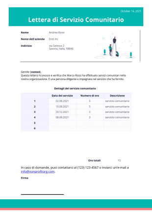 Modello di Lettera di Servizio Comunitario - Modelli di PDF