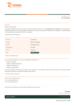 lettre admission Modèle PDF