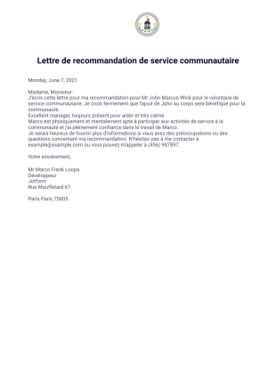 Lettre de recommandation de service communautaire Modèle PDF