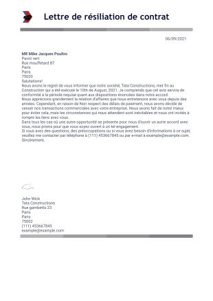 Lettre de résiliation de contrat Modèle PDF