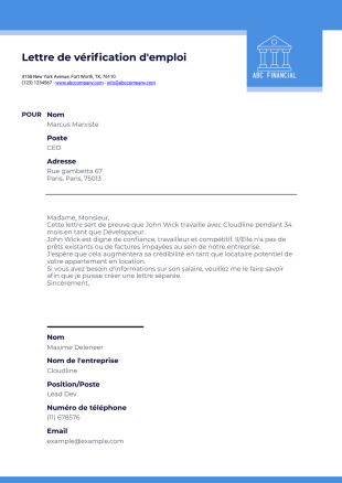 Lettre de vérification d'emploi Modèle PDF