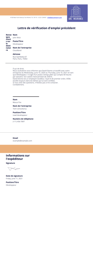 Lettre de vérification d'emploi précédent - PDF Templates