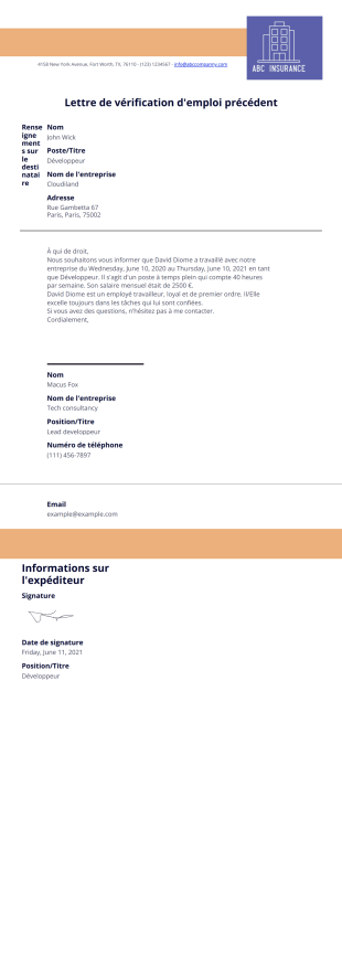 Lettre de vérification d'emploi précédent - PDF Templates