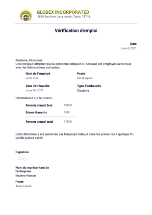 Lettre de vérification d'emploi Modèle PDF