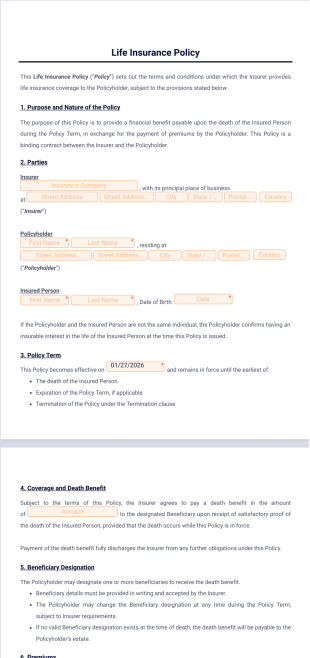 Life Insurance Policy Template - PDF Templates