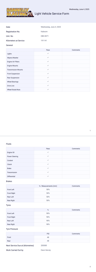 Light Vehicle Service Form - PDF Templates