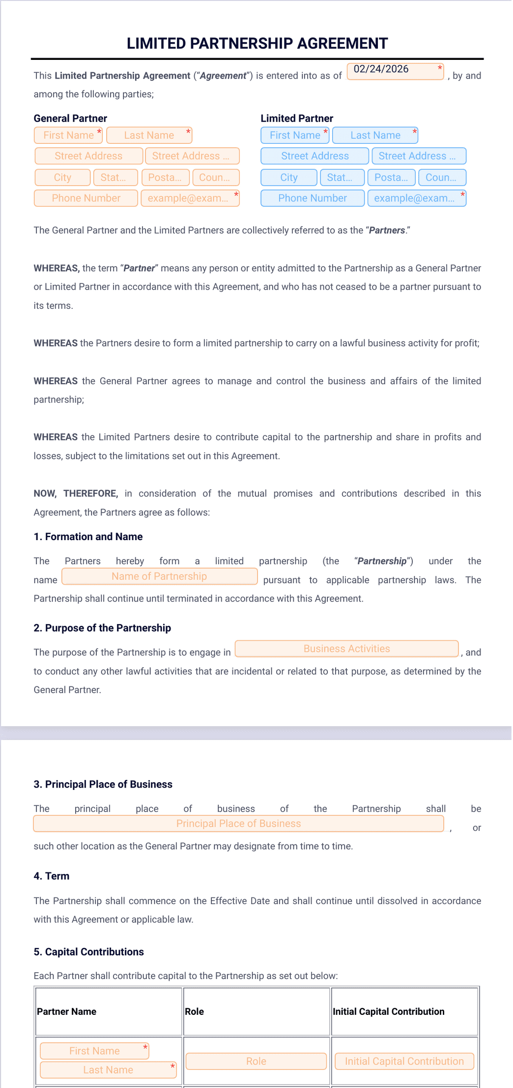 Partnership Financial Contribution Form.pdf Limited Partnership Agreement Template - PDF Templates | Jotform