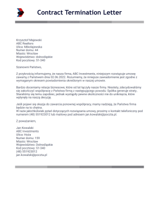 List o Rozwiązaniu Umowy - PDF Templates