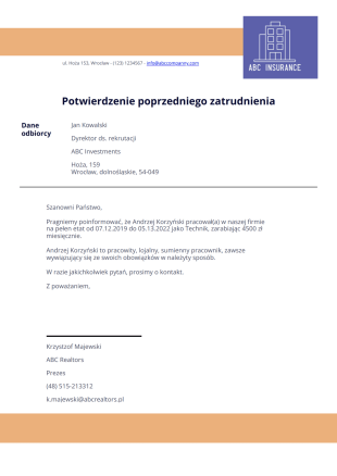 List Potwierdzający Poprzednie Zatrudnienie - PDF Templates