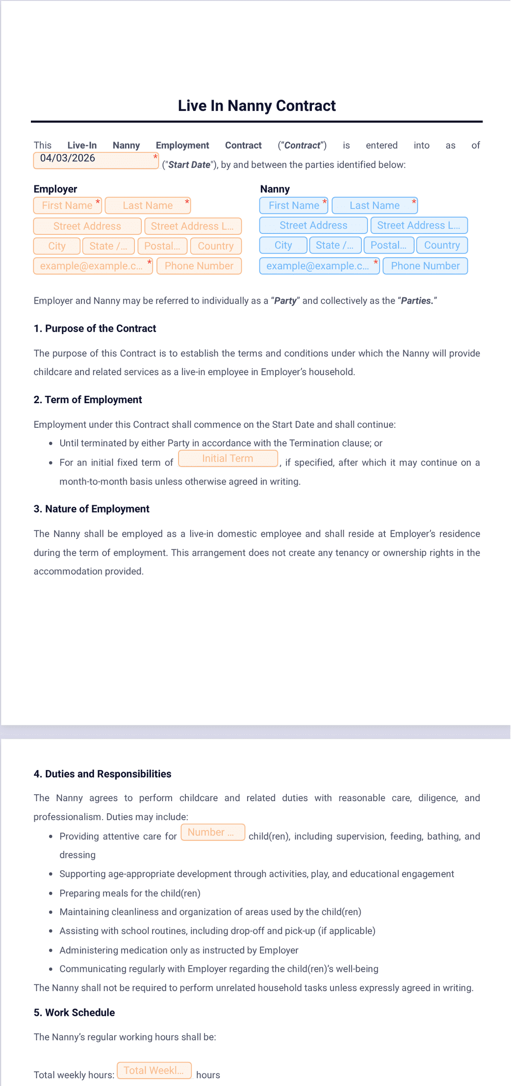 Live In Nanny Contract Template - PDF Templates | Jotform