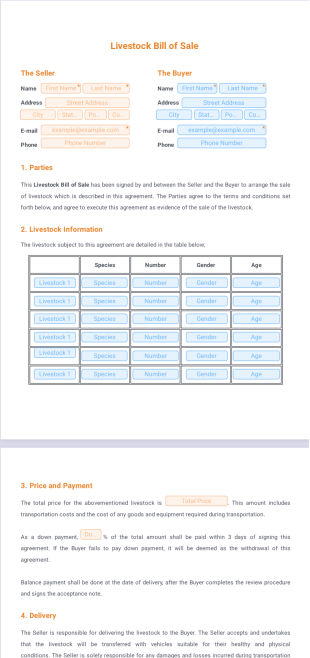 Livestock Bill of Sale PDF Template