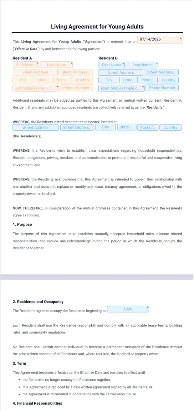 Living Agreement for Young Adults Template