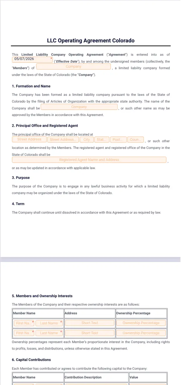 LLC Operating Agreement Colorado Template