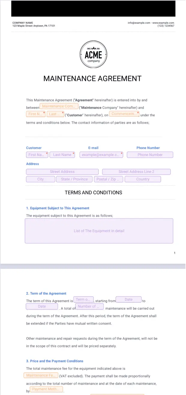 Maintenance Agreement Template