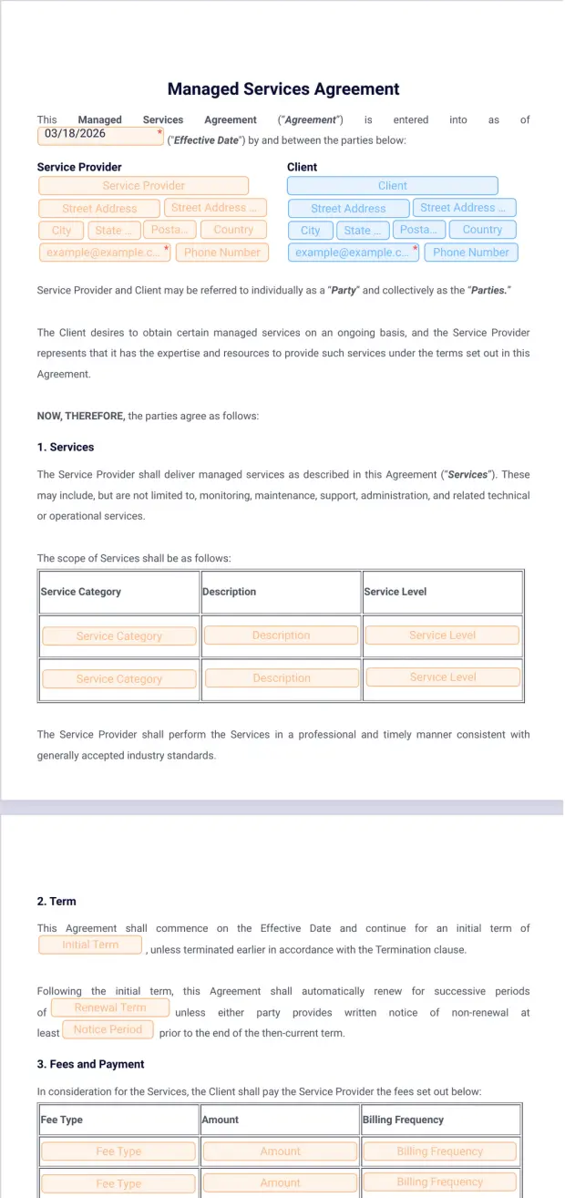 Managed Services Agreement Template - PDF Templates | Jotform