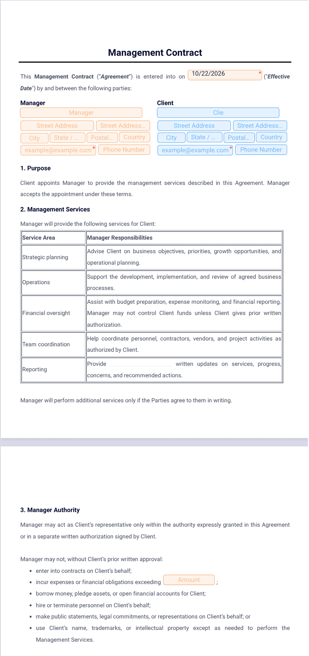 Management Contract Template - PDF Templates | Jotform