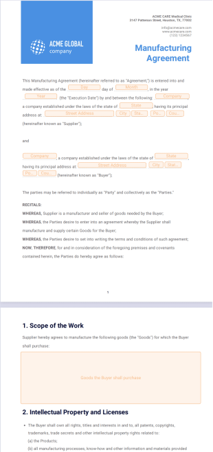Manufacturing Agreement PDF Template