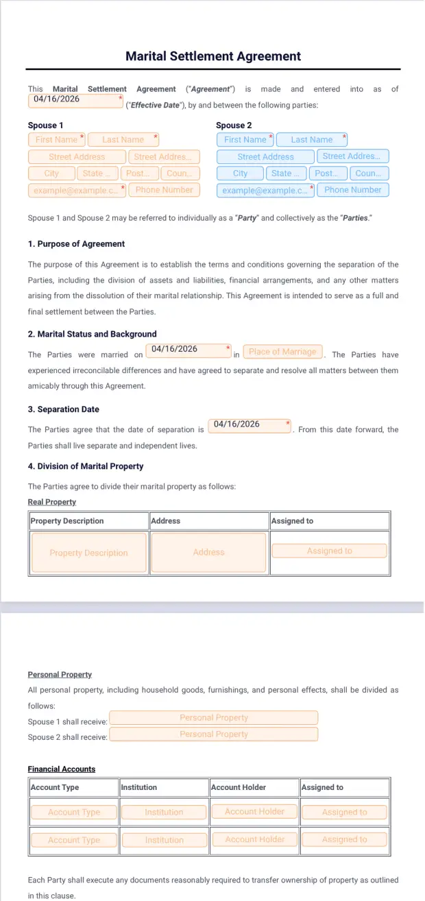 Marital Settlement Agreement Template