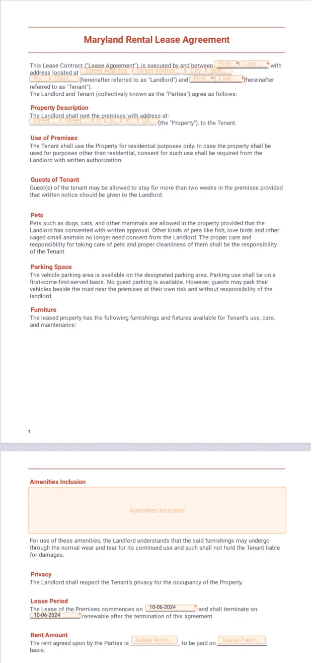 Maryland Rental Lease Agreement PDF Template Jotform