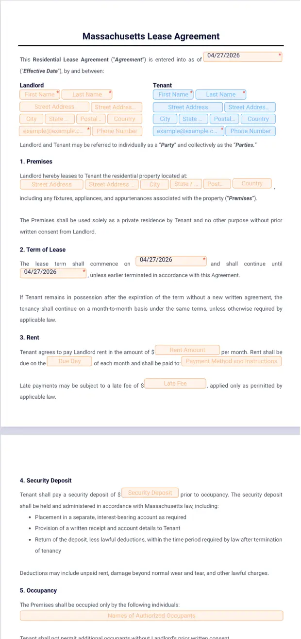 Massachusetts Lease Agreement Template