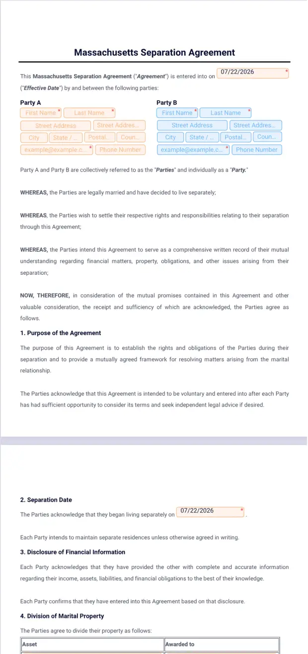 Massachusetts Separation Agreement Template