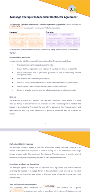 Massage Therapist Independent Contractor Agreement PDF Template