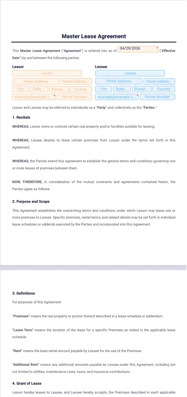 Master Lease Agreement Template