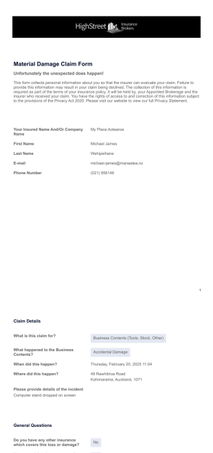 Material Damage Claims Form - PDF Templates
