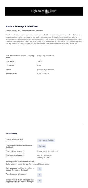 Material Damage Claims Form PDF Template