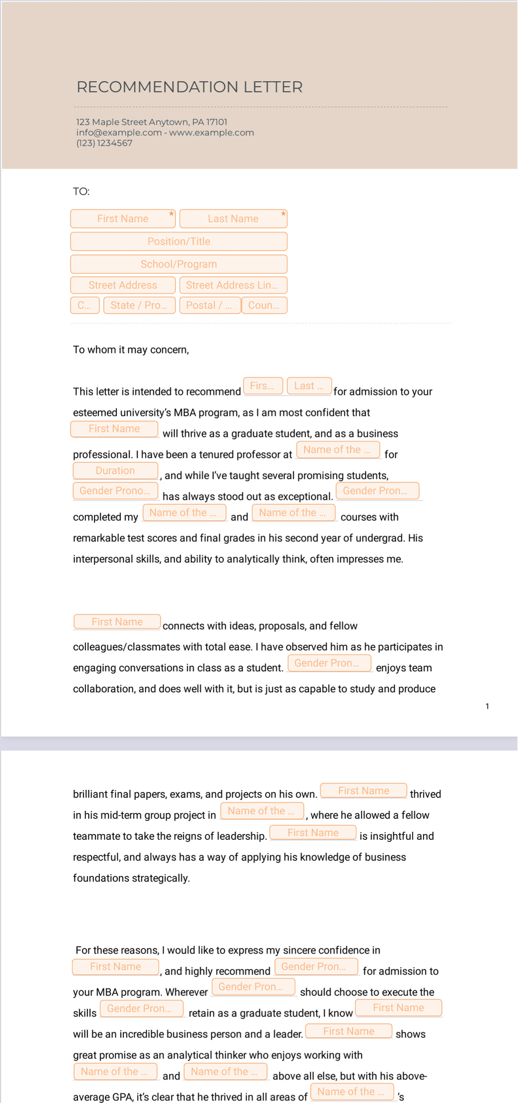 MBA Recommendation Letter PDF Template | Jotform
