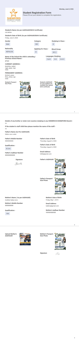 Student Registration Form PDF Template