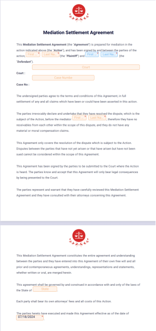 Mediation Settlement Agreement PDF Template