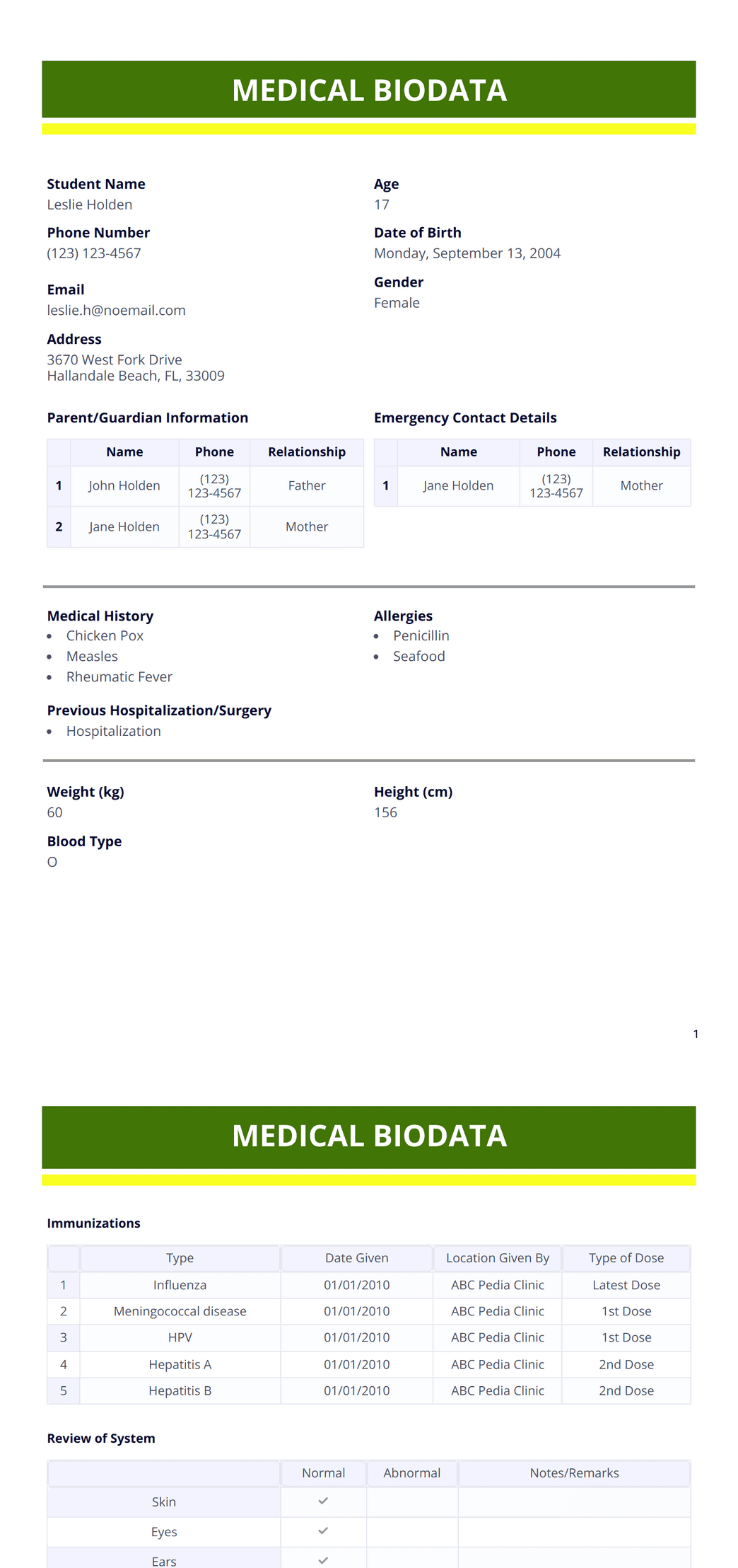 Clinical Bio Examples Medical Biodata PDF Template | Jotform