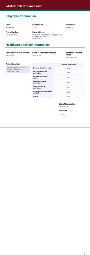 Medical Return to Work Form PDF Template