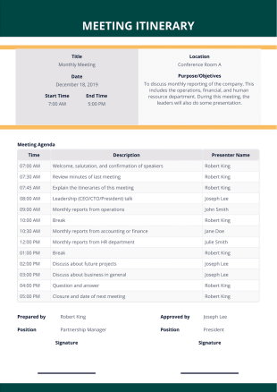 Meeting Itinerary Template - PDF Templates