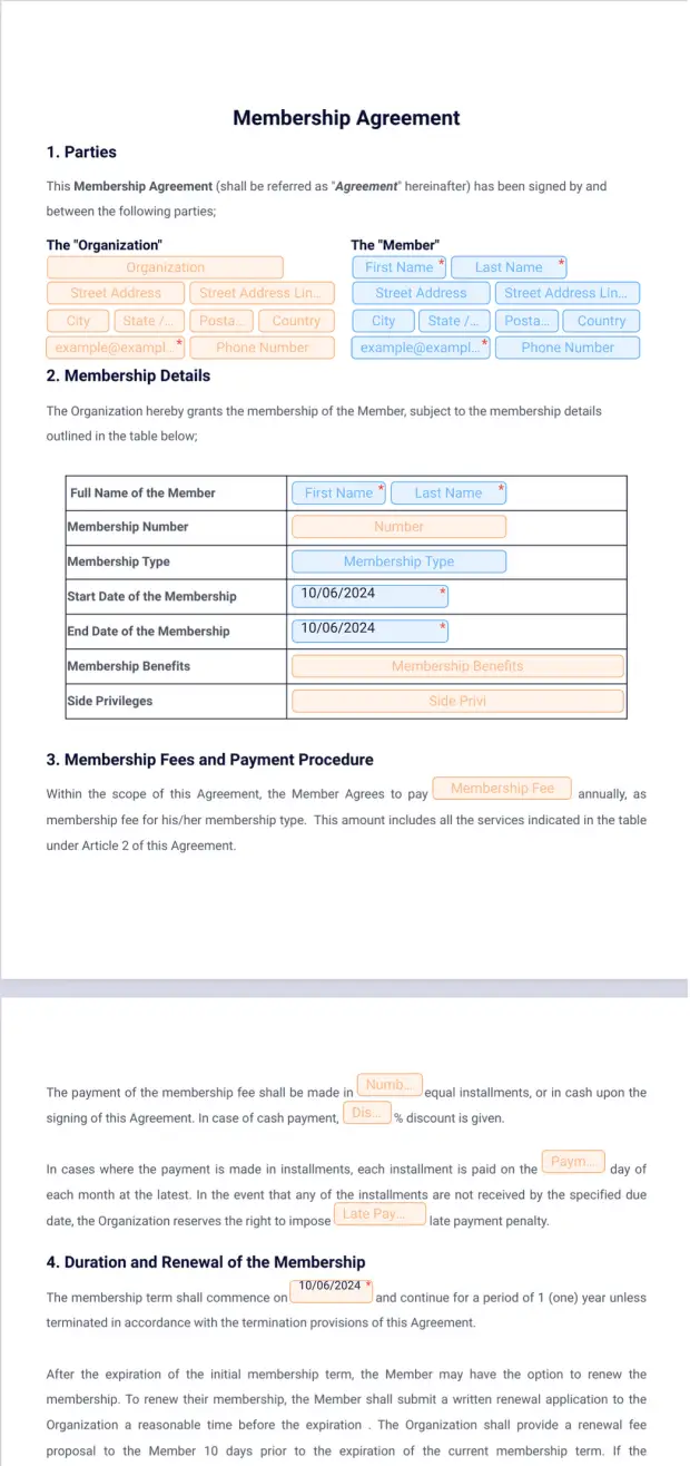 Membership Agreement PDF Template Jotform